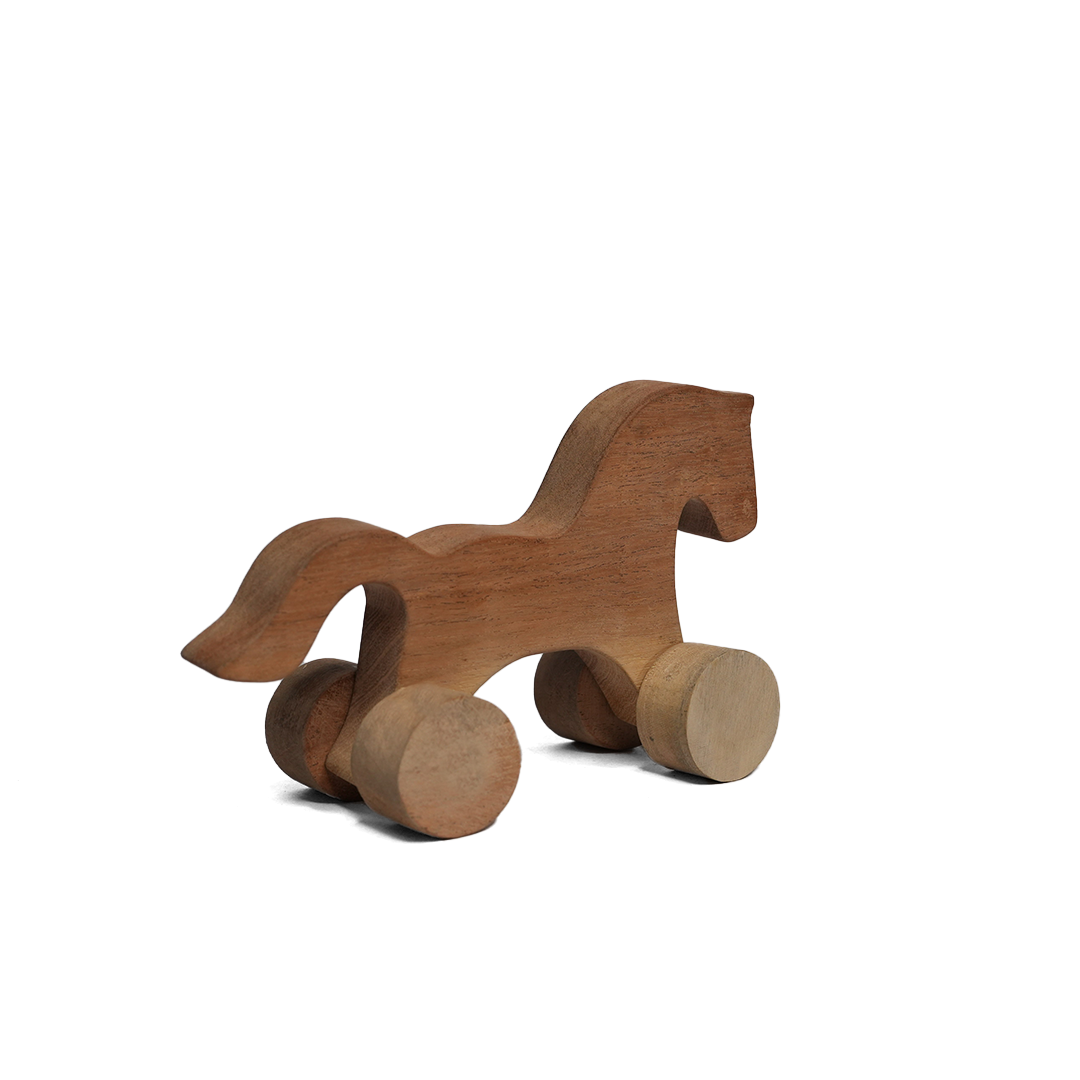 Wooden horse toy with wheels on a white background