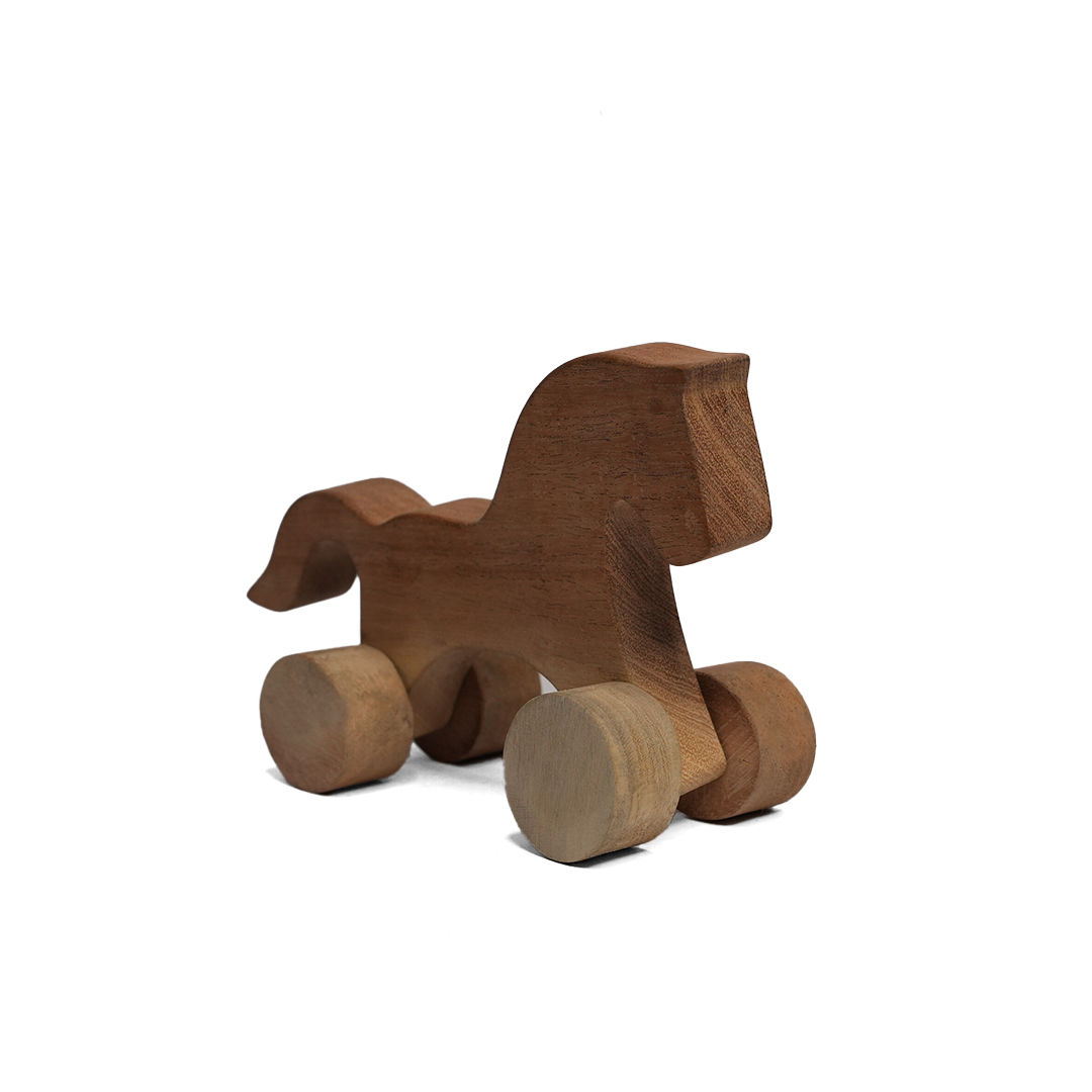 Wooden toy horse with wheels on a white background