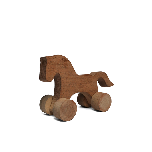 Wooden horse toy with wheels on a white background