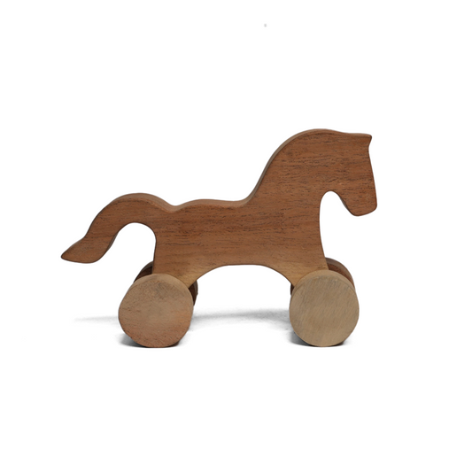 Wooden horse toy with wheels on a white background